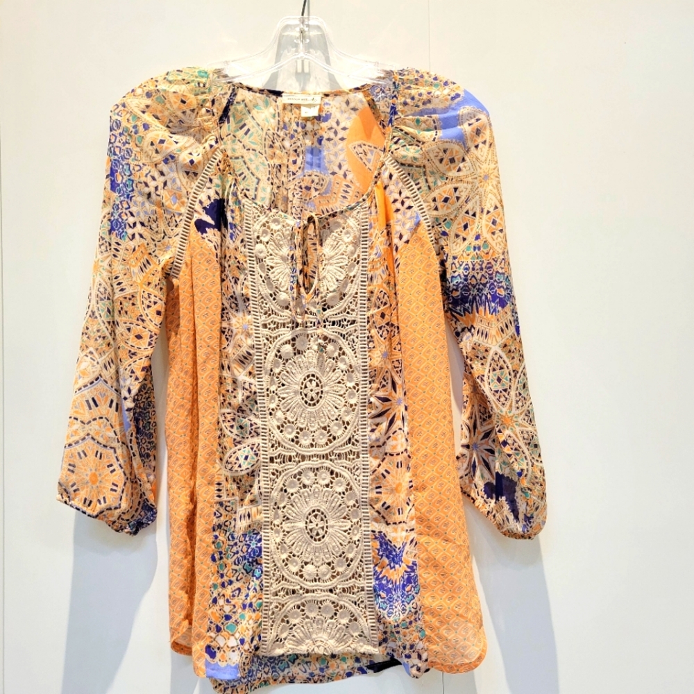 Anthropologie Bohemian Orange and Blue Women's Top